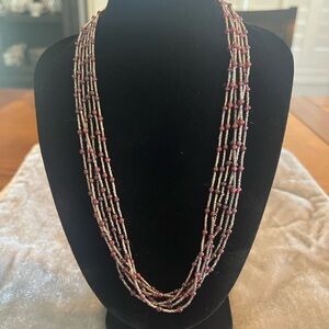 Multi Strand Beaded Necklace Silver Tone Deep Plum Long Statement
